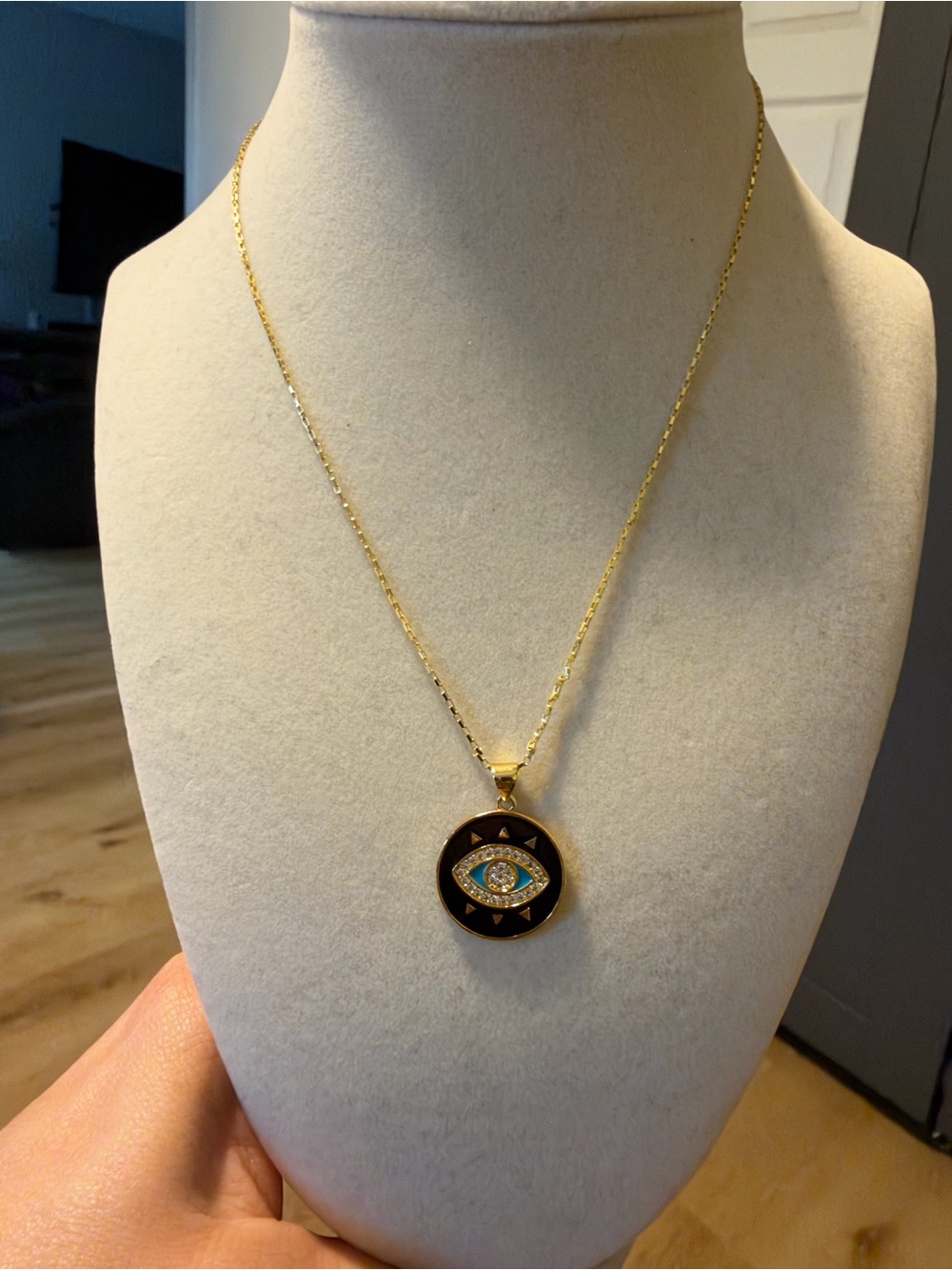 Gold-Tone Black Enamel Evil Eye Pendant Necklace